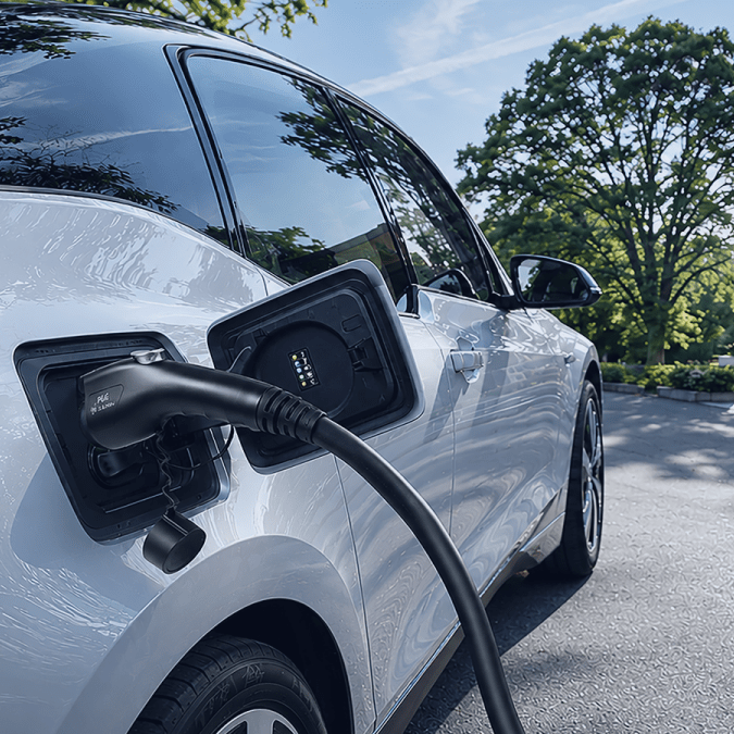A white electric vehicle charging with a Lectron J1772 charger while parked outside.