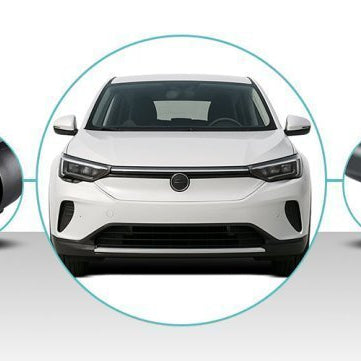 A white EV surrounded by circular graphics showing six different charging plug and adapter options