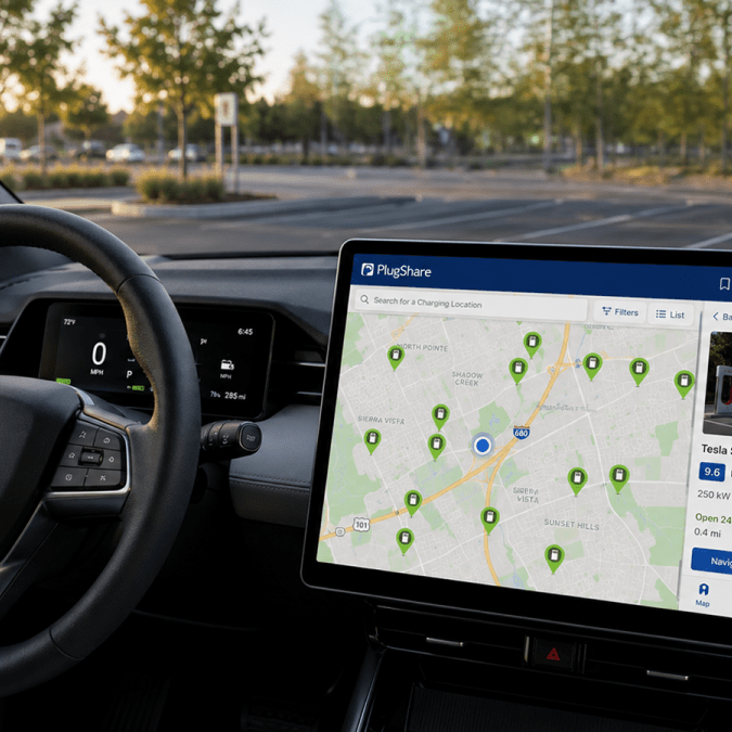 An EV dashboard showing a steering wheel and a large center screen with PlugShare's charging station map.