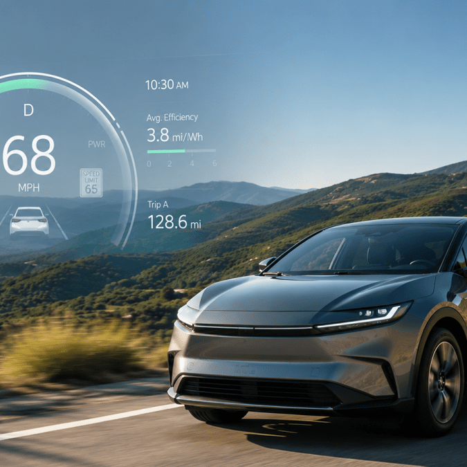 A gray EV driving on a winding road with a digital HUD overlay displaying vehicle telemetry and mountain scenery.