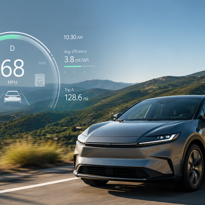 A gray EV driving on a winding road with a digital HUD overlay displaying vehicle telemetry and mountain scenery.