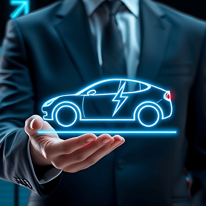 A businessman holding a glowing neon EV outline, set against rising financial charts and growth graphs.