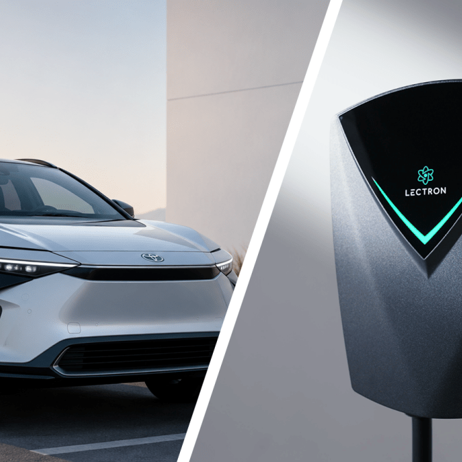 A split-screen graphic showing a white Toyota bZ4X EV on the left and a Lectron NEXUS NACS charger on the right.