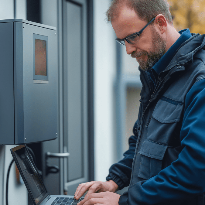 Technician using a laptop to service a wall-mounted commercial EV charging station.