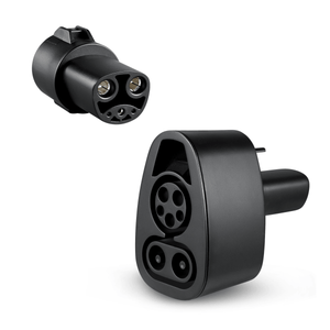 Two black EV charging adapters. One is a CCS to Tesla (NACS) adapter, and the other is a J1772 to Tesla (NACS) adapter.