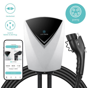 Lectron V-BOX Pro Level 2 EV charger with app control to track charging progress and customize energy use, versatile installation via NEMA 14-50 outlet or hardwired.