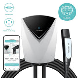 Lectron V-BOX Pro Level 2 EV charger for Tesla Model S, 3, X, Y and Cybertruck with adjustable 16–48A charging, WiFi app control, NEMA 14-50 plug or hardwired installation, 16-ft cable, and LED status indicator for home charging.