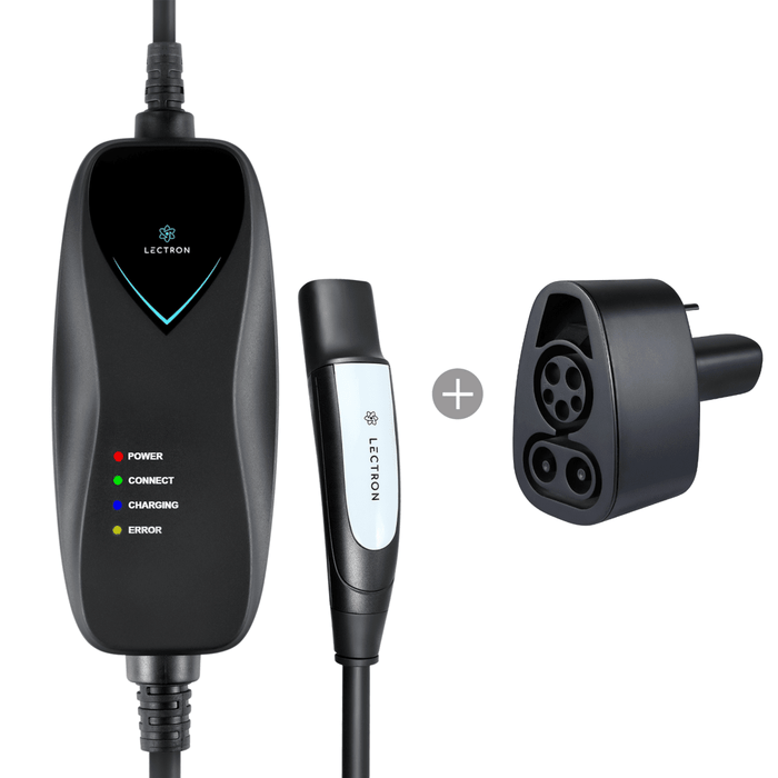 Black electronic device with LED indicators and a plug on a white background