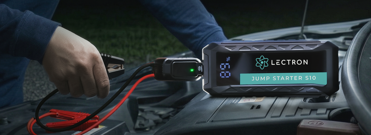Lectron jump starter being used to charge a car battery
