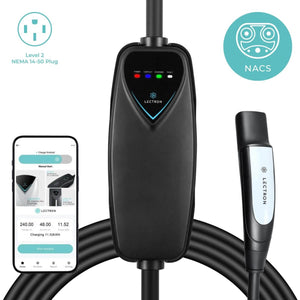 Lectron Level 2 EV charger for Tesla and NACS-compatible vehicles, delivering up to 240V, 9.6 kW input, and 40A charging rate for fast home or on-the-go charging. Available in app-enabled or non-app version with smart scheduling and LED tracking. Portable with carrying case, made of high-grade rugged materials, UL 2251, ETL, FCC, and Energy Star certified for safe and reliable use