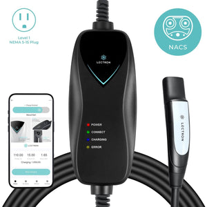 Lectron Level 1 EV charger compatible with NACS/Tesla and standard 110V–120V outlets, delivering 15A and 1.8 kW for convenient overnight or on-the-go charging, available in app-enabled or non-app version for smart scheduling and LED progress tracking.
