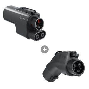 The image shows two adapters, one resembling a Tesla Supercharger with a NACS connector, and another with a CCS connector
