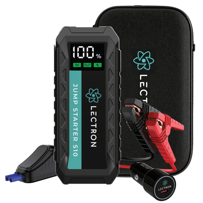 Lectron jump starter with digital display and clamps on a white background