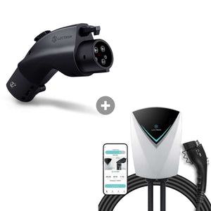 Lectron Tesla to J1772 adapter (48A, black) bundled with Level 2 J1772 V-BOX Pro charger for fast 240V home charging via NEMA 14-50 with WiFi app control