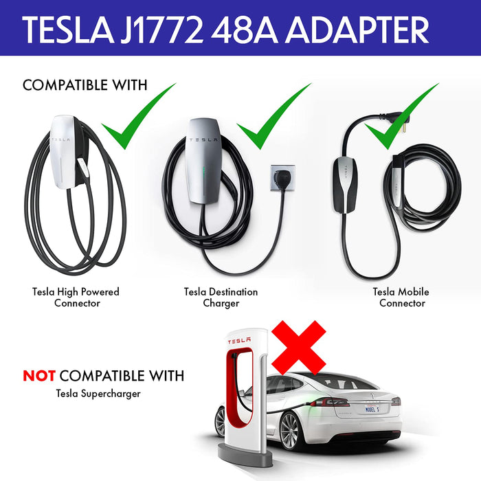 Lectron Tesla to J1772 Charging Adapter, Max 48A & 250V (Black) Electric Vehicle