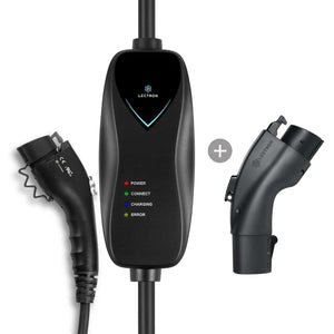 Lectron Level 1 portable EV charger with a display and two different charging cables, one for Tesla and one for J1772 EVs.