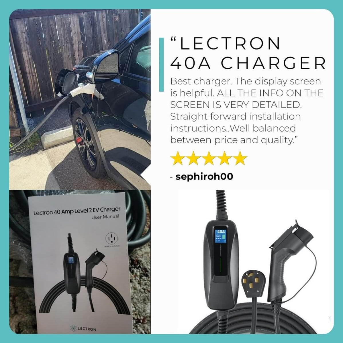 Portable Electric Car Charger Level 2 & 15ft Extension Cord Lectron